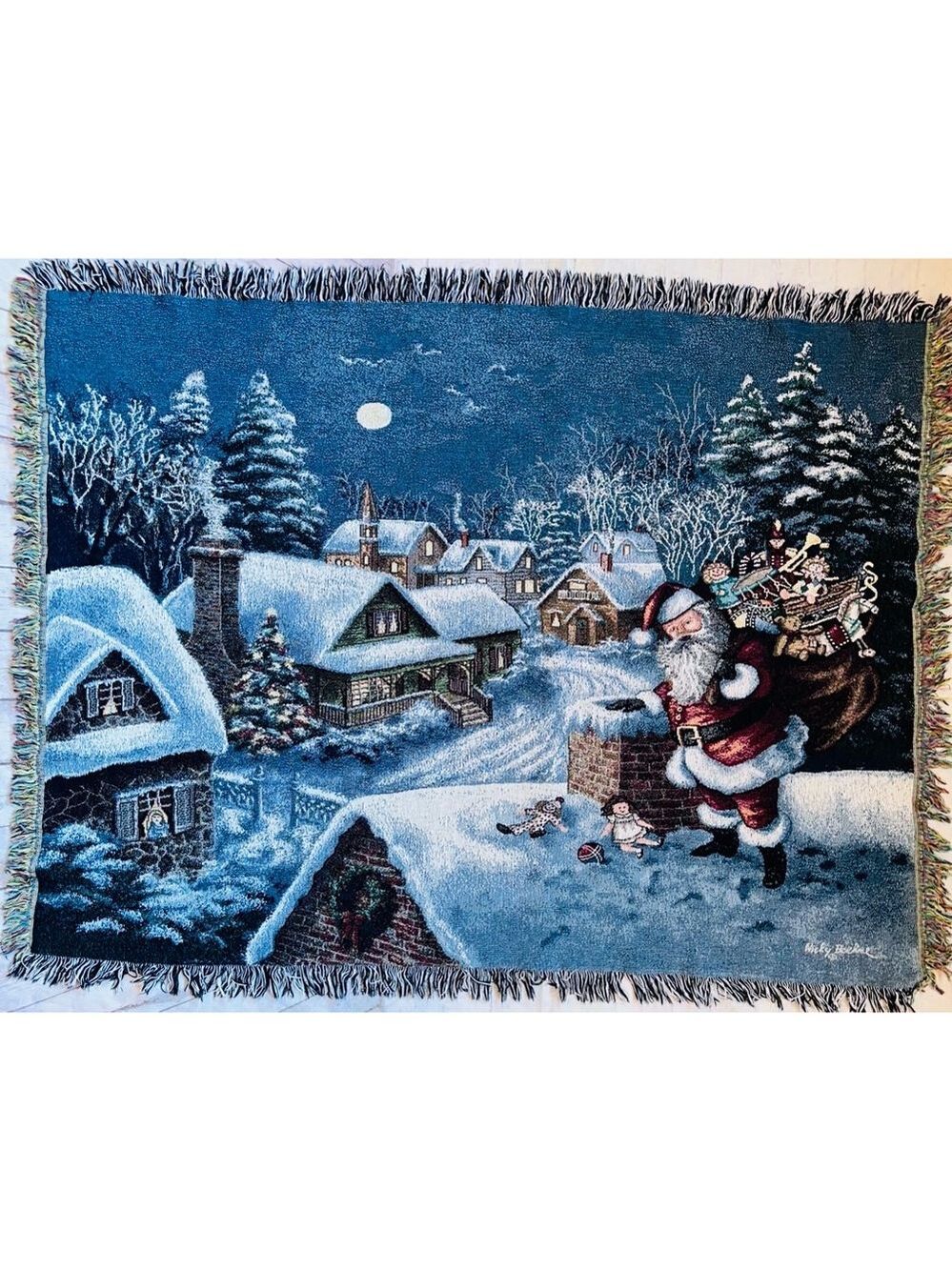 Pristine Vintage Nicky Boehme Christmas Santa Scene 1980’s Tapestry Throw 47X62